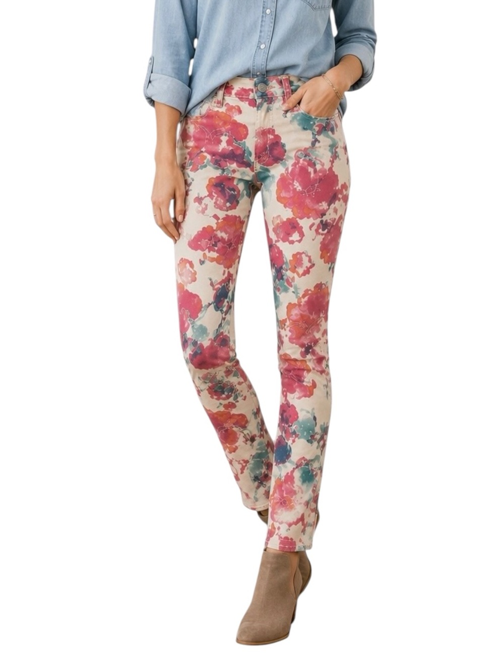 Levi's  | Floral Skinny Jeans in Cream with Pink and Teal Blooms Sz 31 GUC